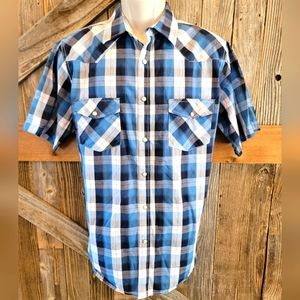 double pump pearl snap shirt M medium Short Sleeve Western rodeo Blue Plaid